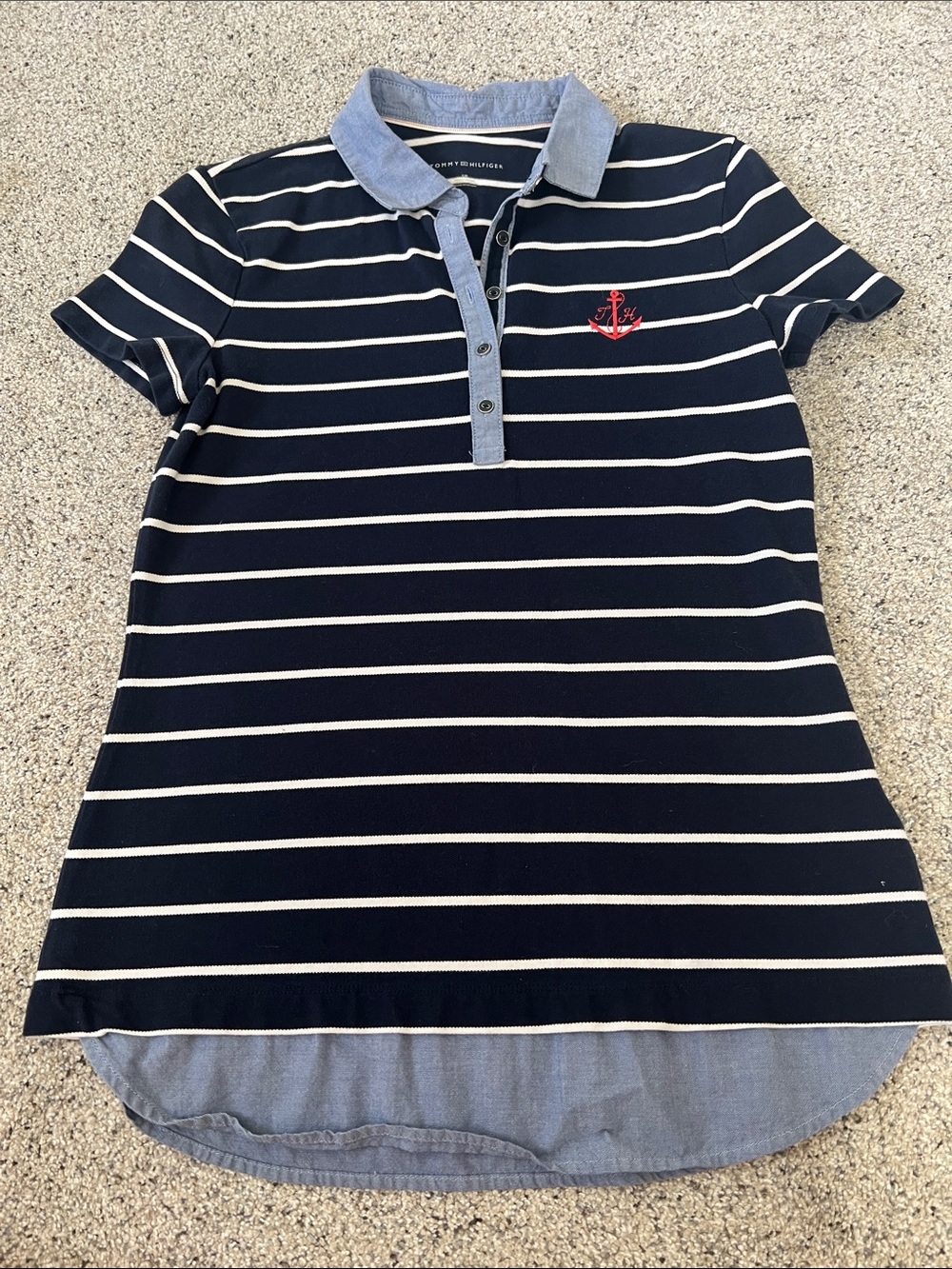 Tommy Hilfiger Navy & White Striped Polo with Stitched Anchor Detail